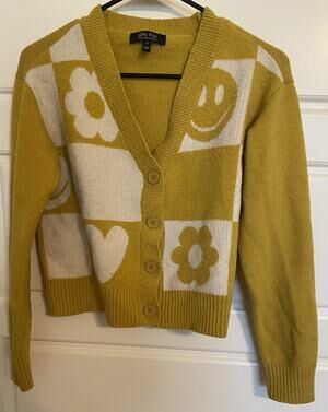 Witty Fox Yellow Block Smiley Face Heart Flower Cardigan Sweater M Button Up
